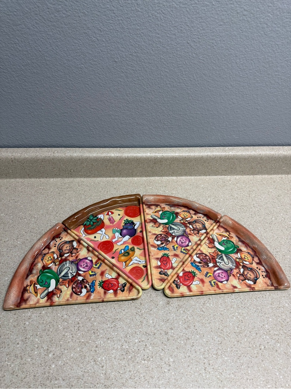 90s Deborah Mallow Pizza 4 Set Slices - Colorful Character Toppings Vintage